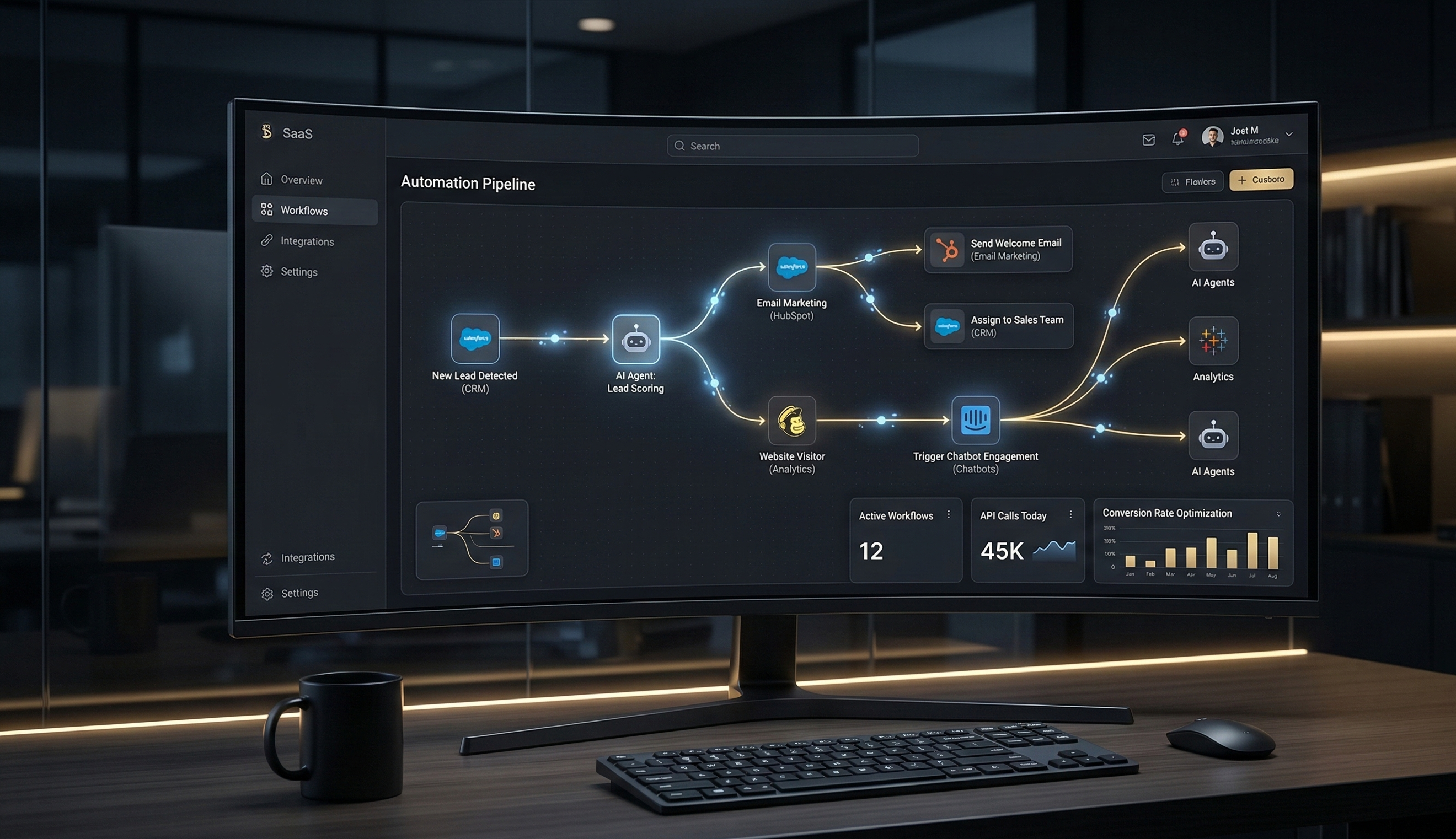 Curved monitor displaying automation workflow dashboard with flowchart, statistics, and dark tech-themed interface.