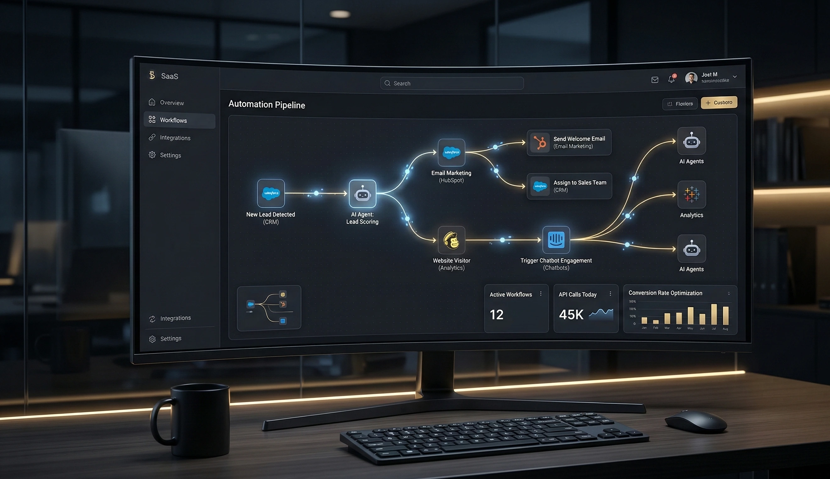 Dashboard displaying an automation pipeline with interconnected nodes on a curved monitor, keyboard and mug on desk.