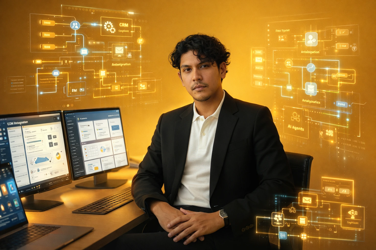 Person in suit seated at desk with multiple monitors showing automation workflows and digital graphics in a tech-themed setting.