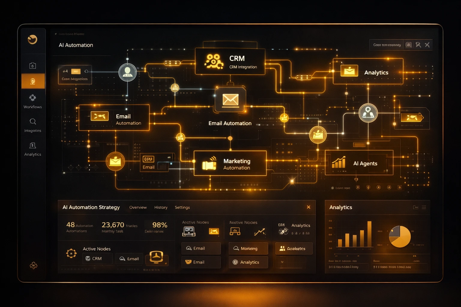 CRM dashboard with interconnected icons for email, CRM, analytics, and AI. Graphs and data visualizations in a dark theme.