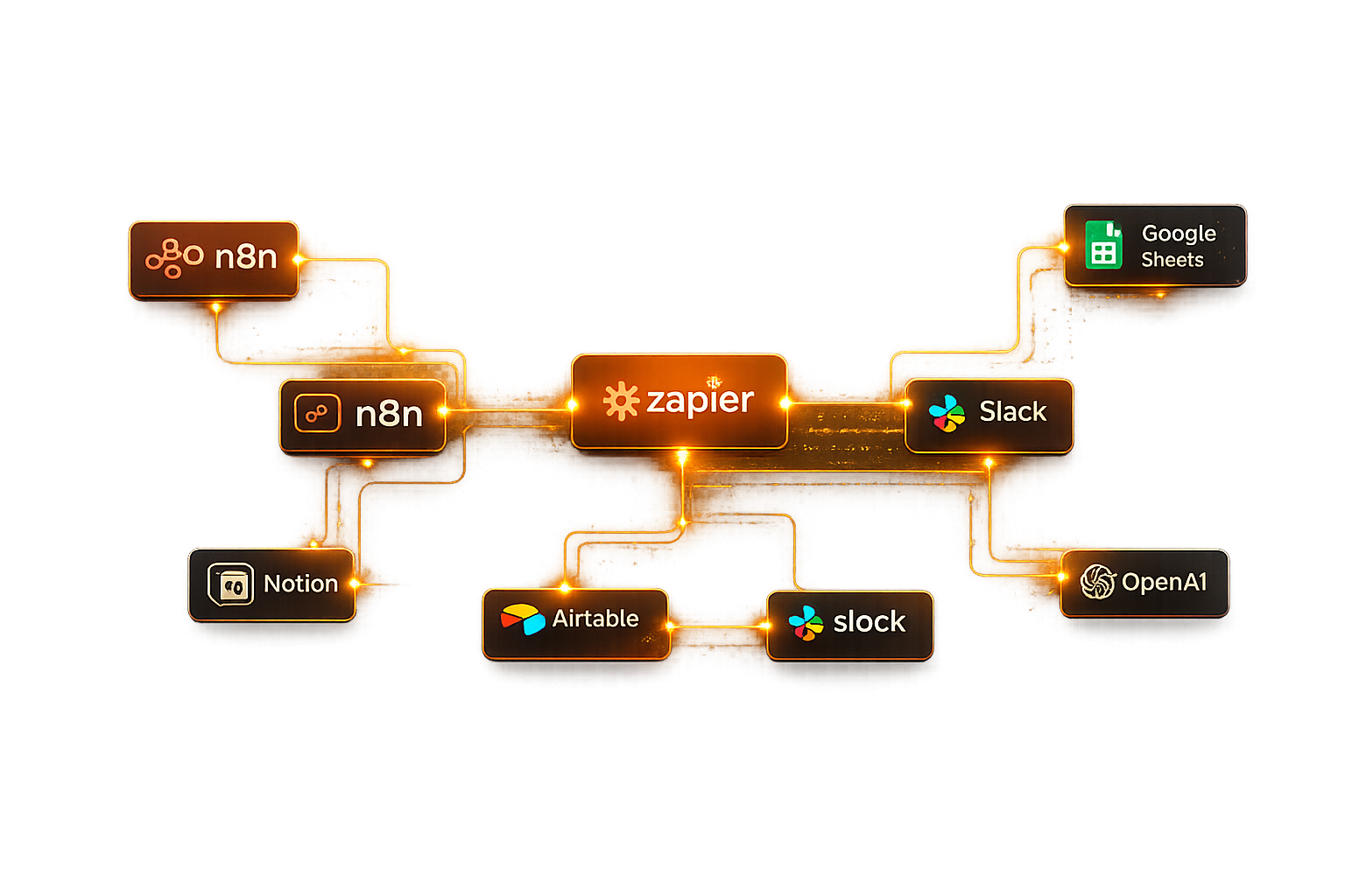 Flowchart showing automation integrations using n8n, Zapier, Slack, Google Sheets, Notion, Airtable, and OpenAI.