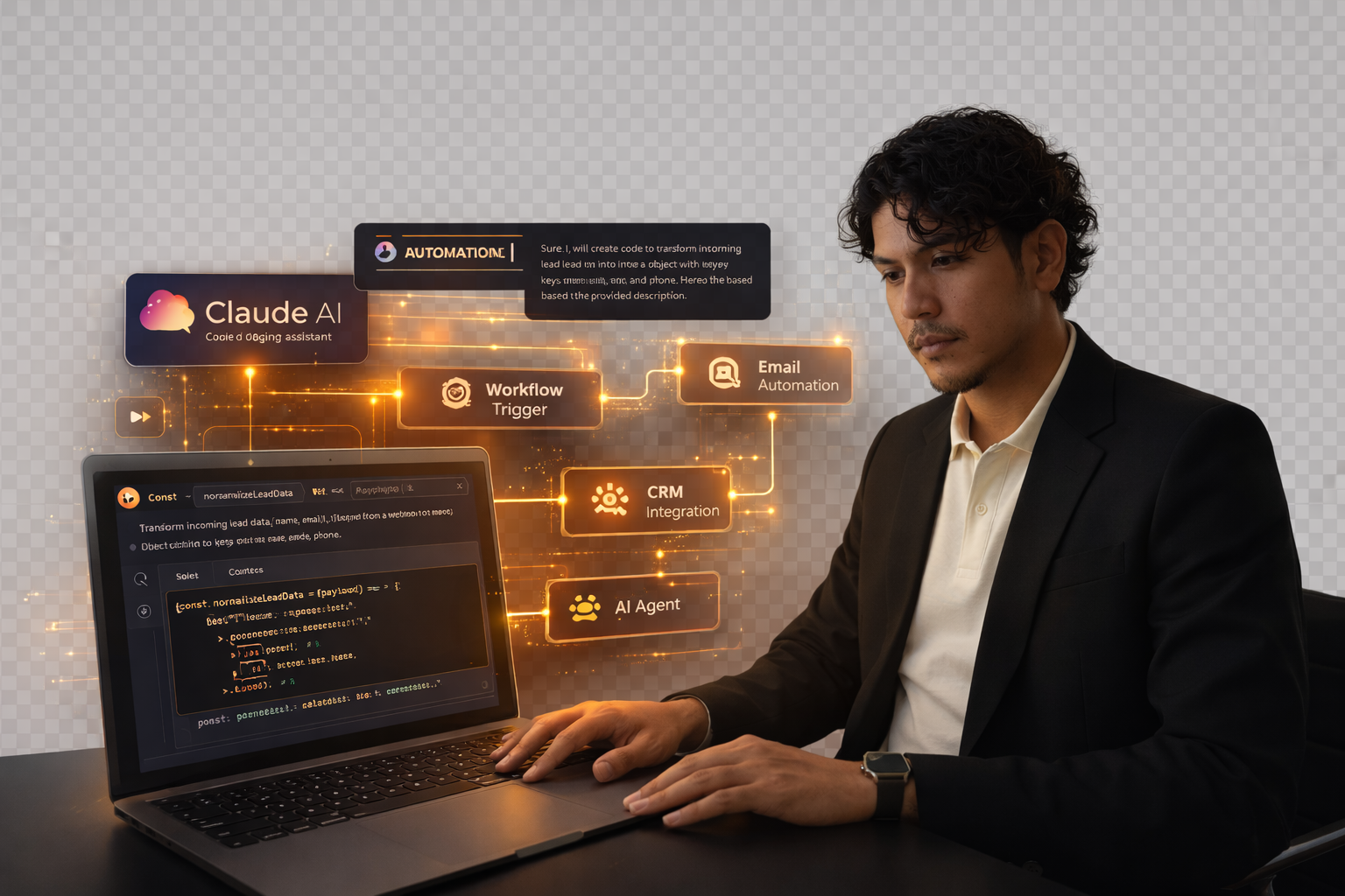 Automation specialist coding n8n workflows and AI automation with CRM integrations on a laptop, featuring digital overlays.