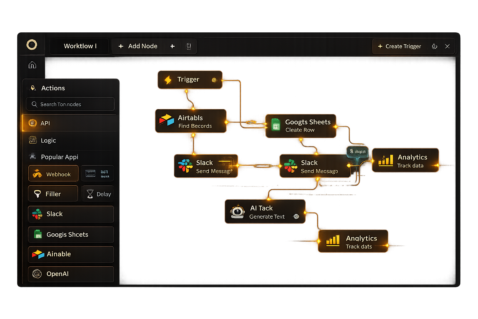 No-code automation workflow interface with interconnected apps like Airtable, Slack, and Google Sheets.