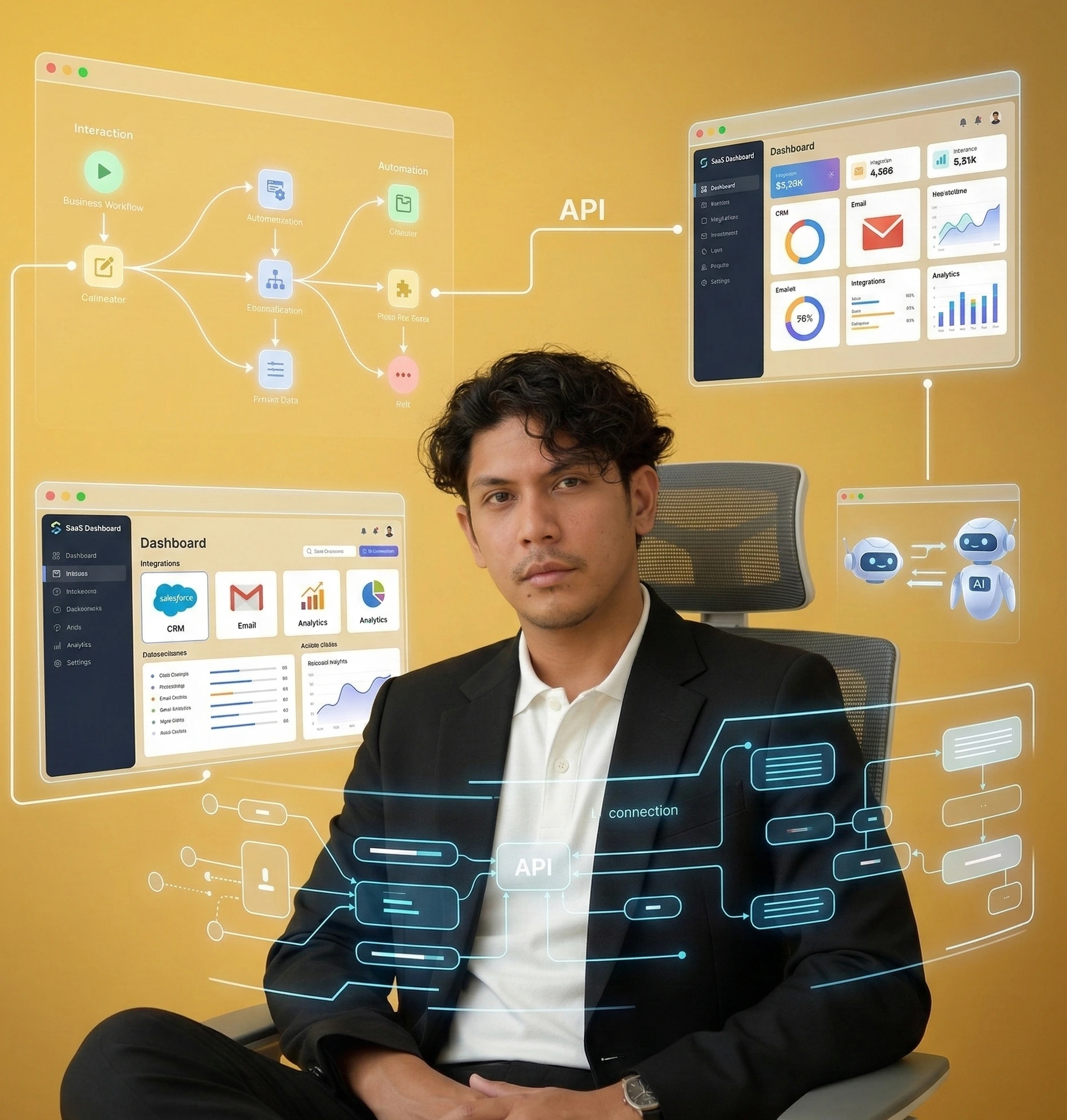 Man in a suit sitting on a chair, surrounded by digital interface elements and dashboard graphics against a yellow background.